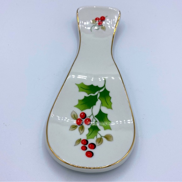 Royal Norfolk Holly And Berries Porcelain Spoon Rest Gold Trim Christmas Holiday - Picture 5 of 5